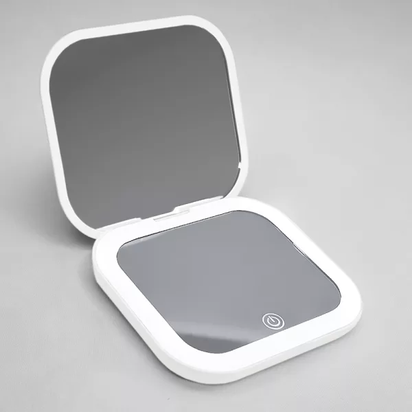 vanity mirror, makeup mirror, makeup mirror with light, compact mirror, cosmetic mirror with light, portable cosmetic mirror, folding cosmetic mirror