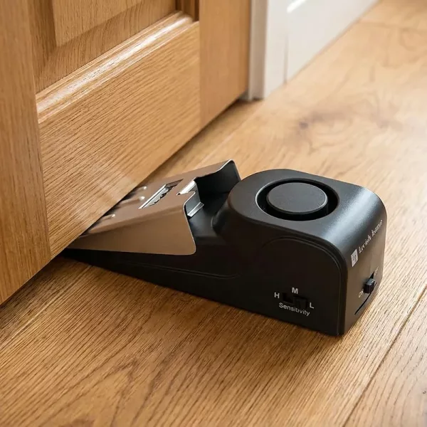 door stop alarm, door stopper security, floor mounted door stop